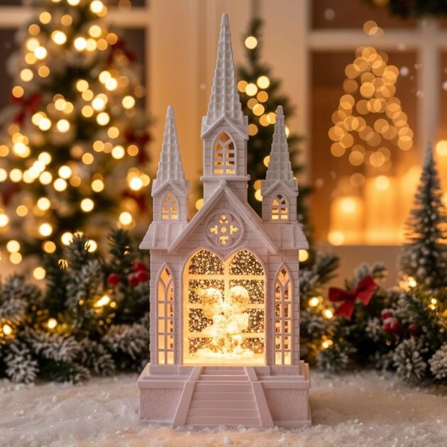 Château à Neige Lumineux avec Paillettes Tourbillonnantes – Magie et Élégance