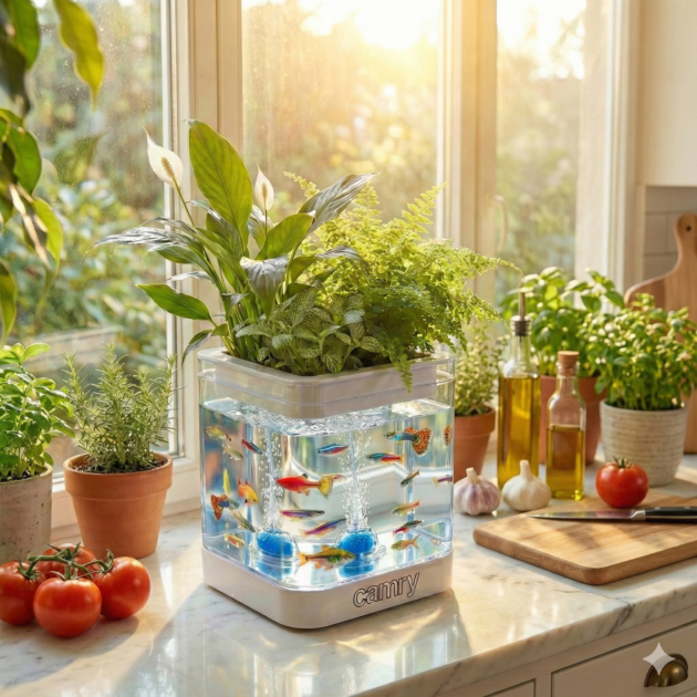 Kit Aquaponique Décoratif 7L avec Aquarium & Plantes – Écosystème Naturel LED Élégant