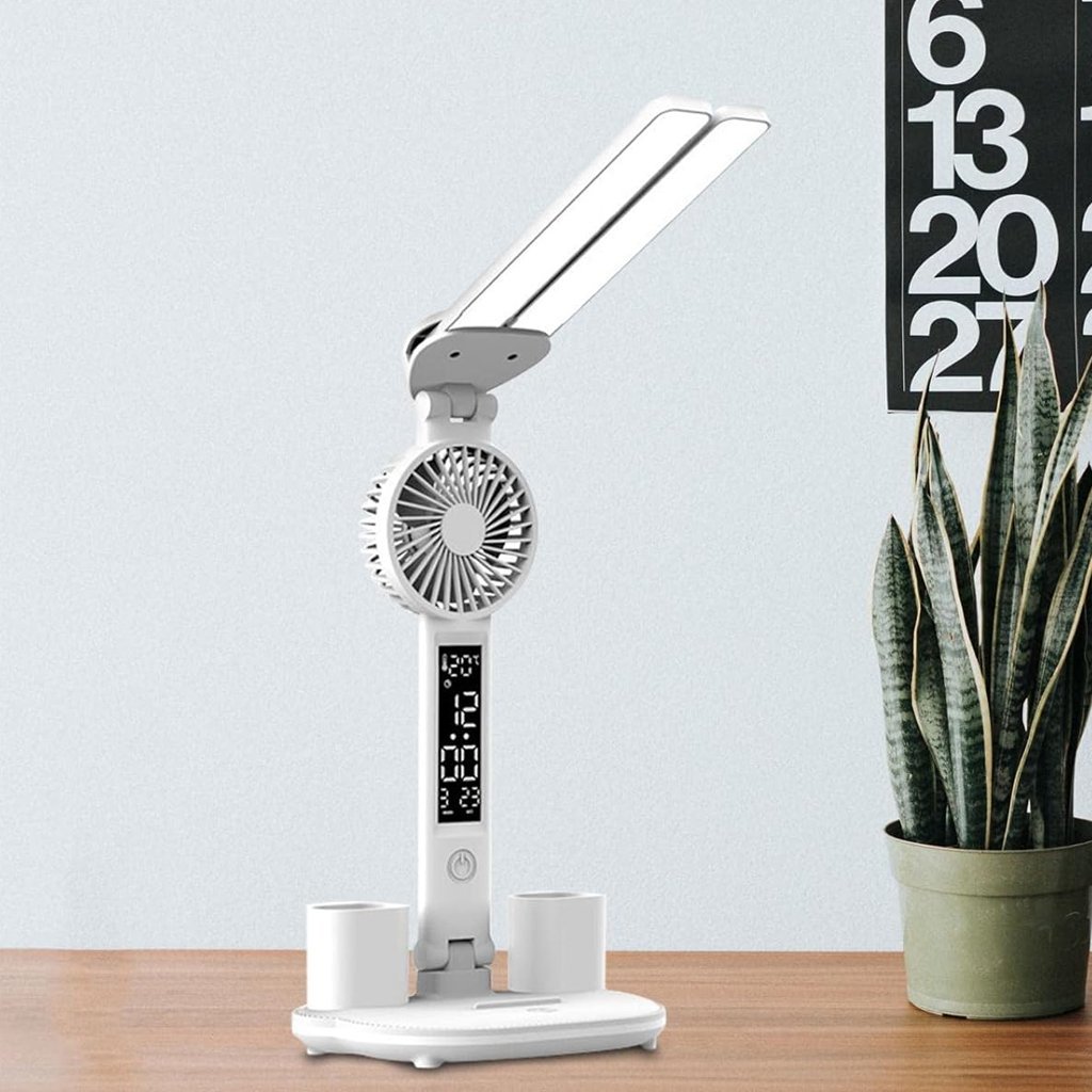 Lampe de Bureau LED Double Tête – Éclairez, Rafraîchissez et Organisez votre Espace - Image 2