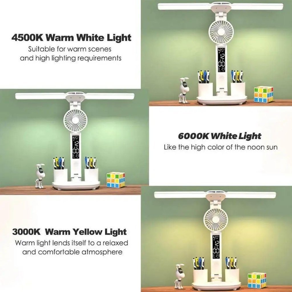 Lampe de Bureau LED Double Tête – Éclairez, Rafraîchissez et Organisez votre Espace - Image 6