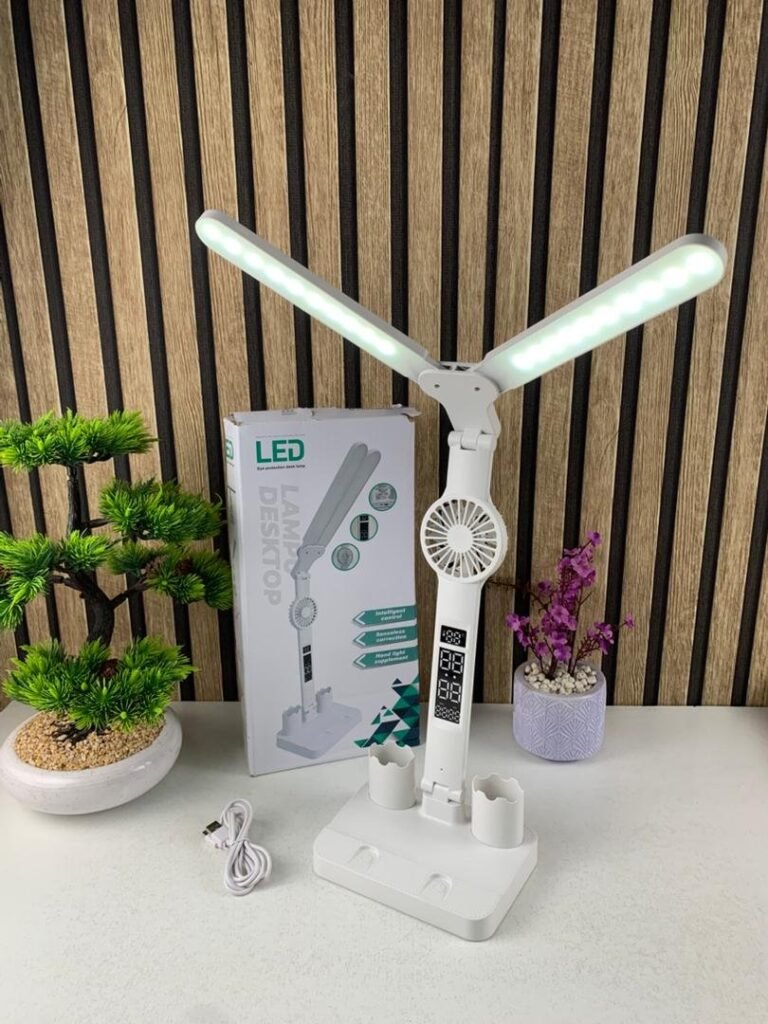 Lampe de Bureau LED Double Tête – Éclairez, Rafraîchissez et Organisez votre Espace