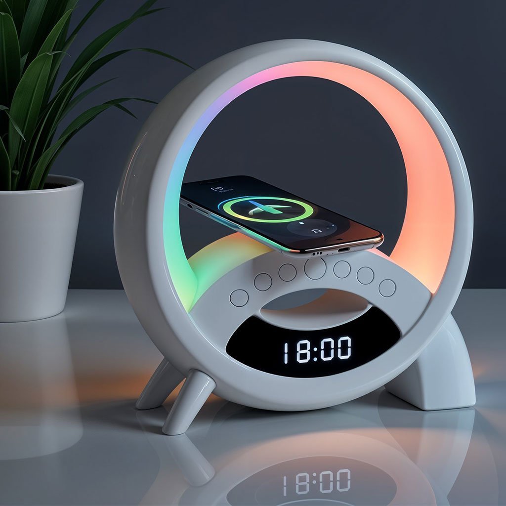 Lampe de Table Multifonction Q18 – Bluetooth, Réveil et Charge Sans Fil